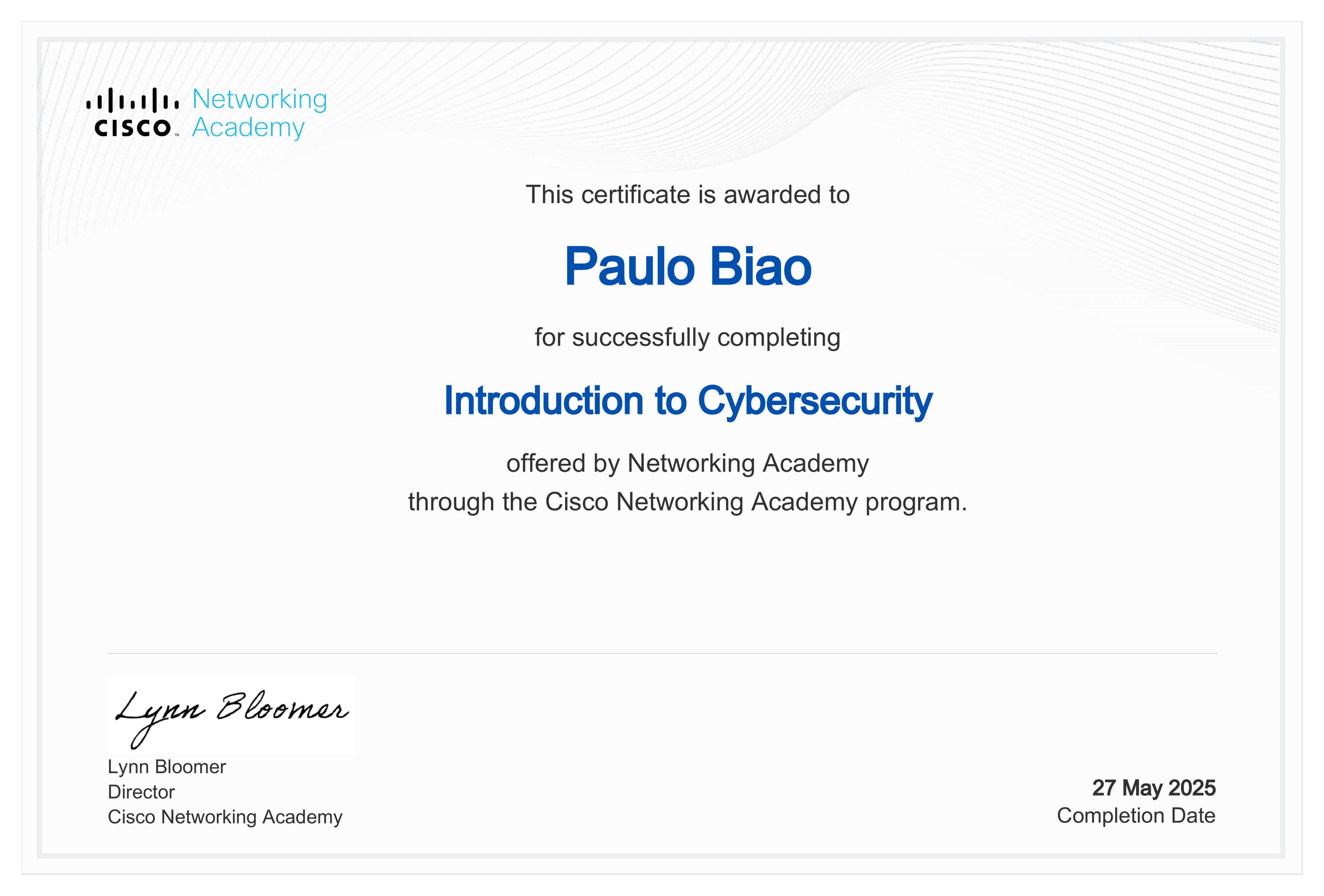 Cisco Introduction to Cybersecurity certificate