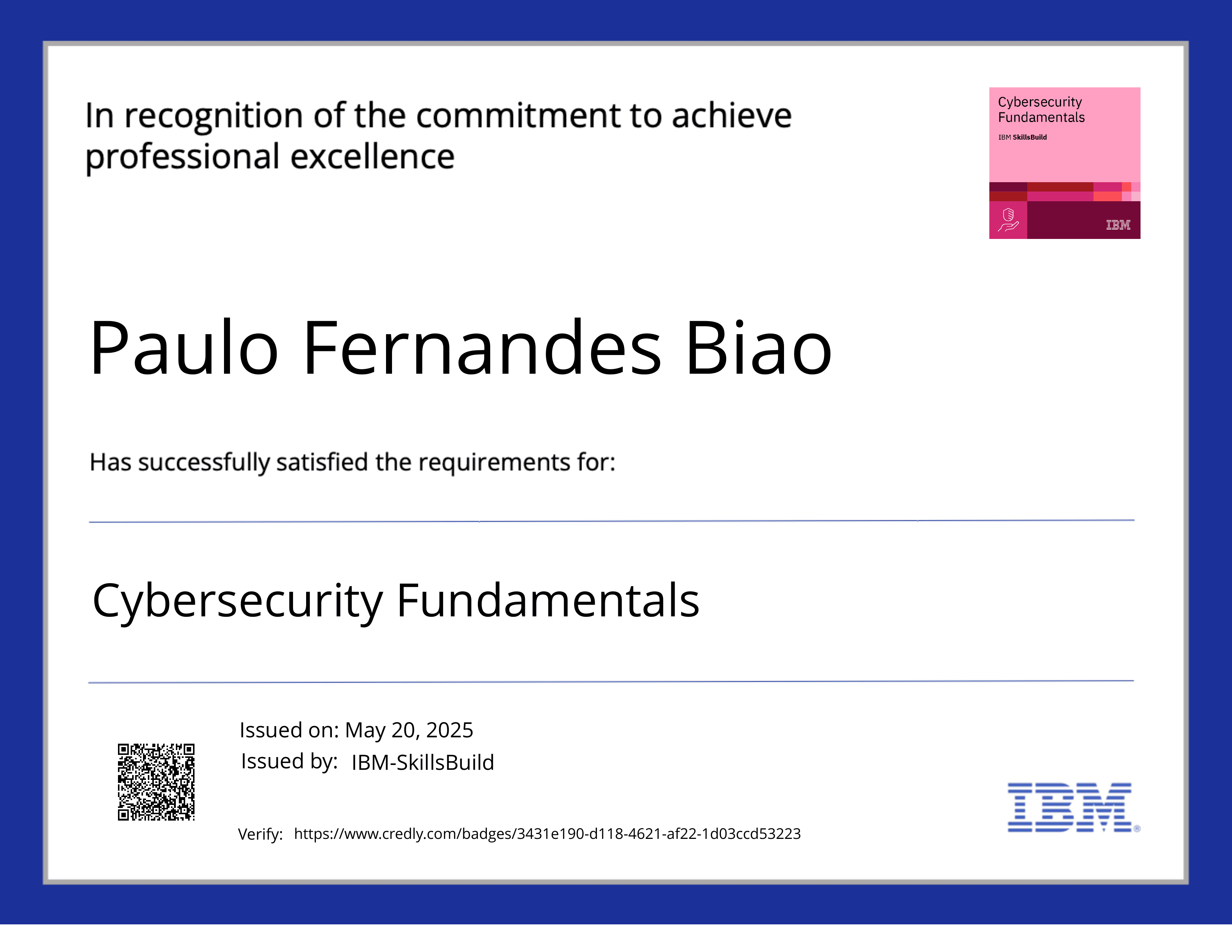 IBM Cybersecurity Fundamentals certificate