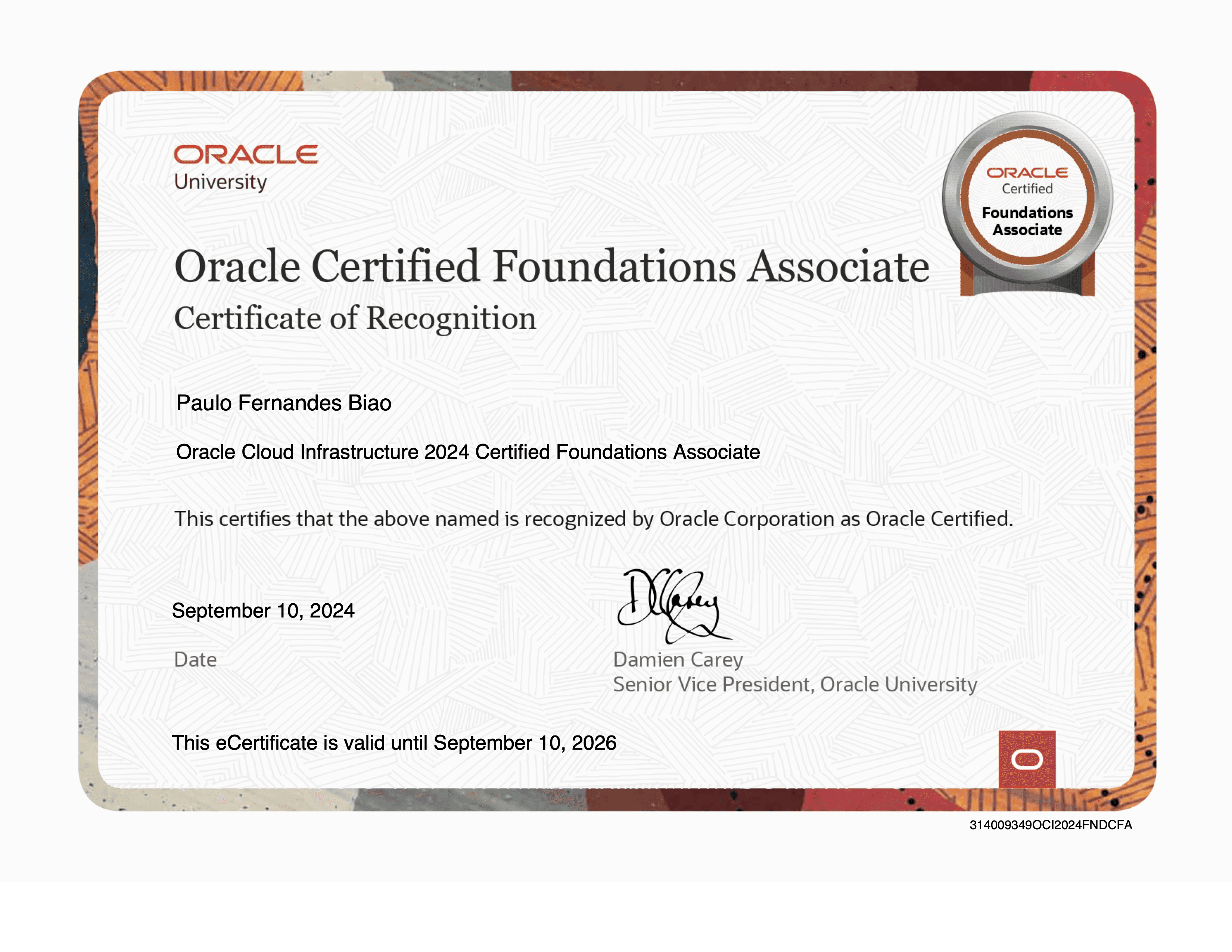 Oracle Cloud Infrastructure 2024 Foundations certificate