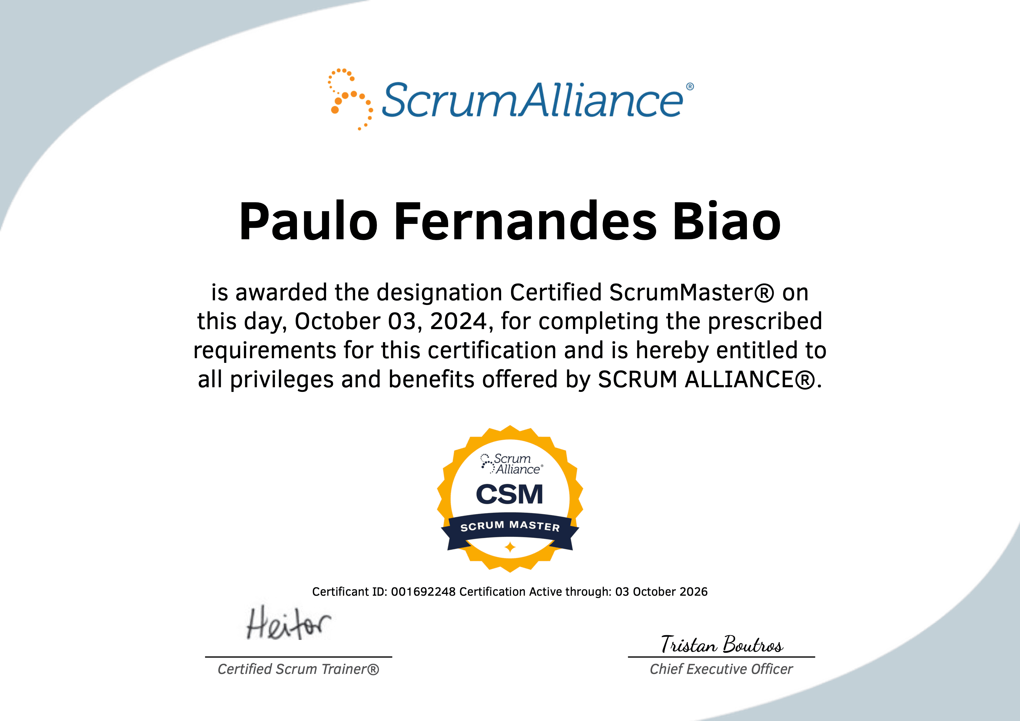 Scrum Alliance Certified Scrum Master (CSM) certificate