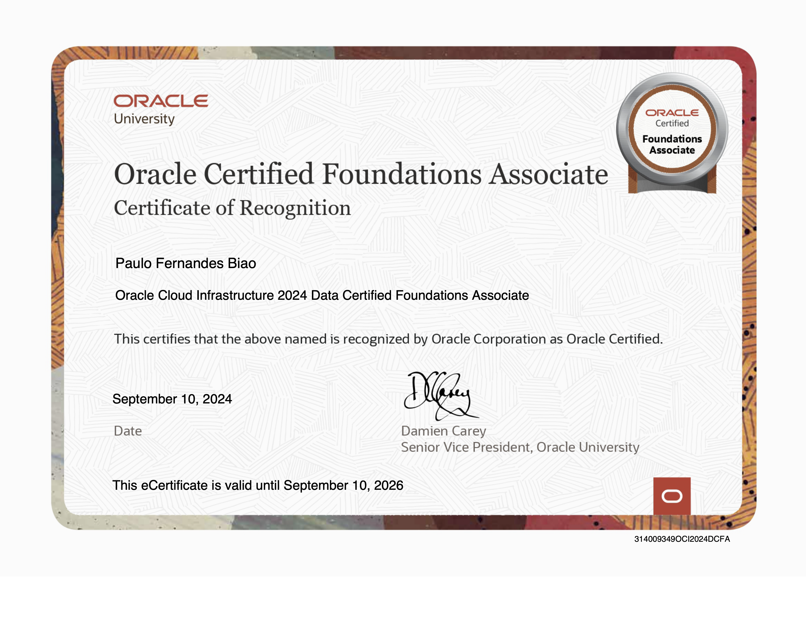 Oracle Cloud Infrastructure 2024 Data Foundations certificate
