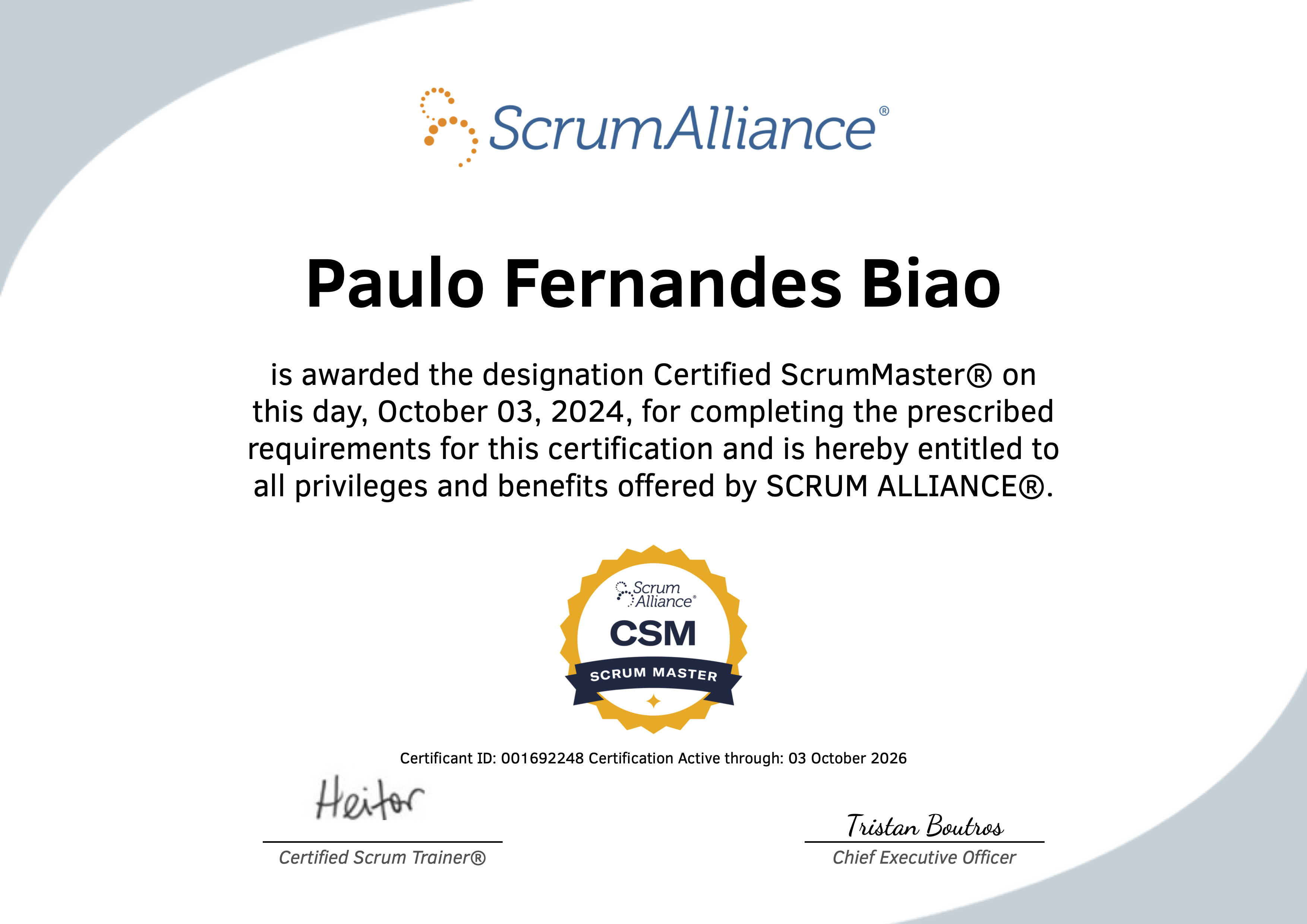 Scrum Alliance Certified Scrum Master (CSM) certificate